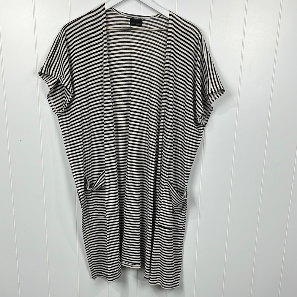 Coco & Carmen Womens Long Line Duster OS Black/White Stripes Pockets High Slits